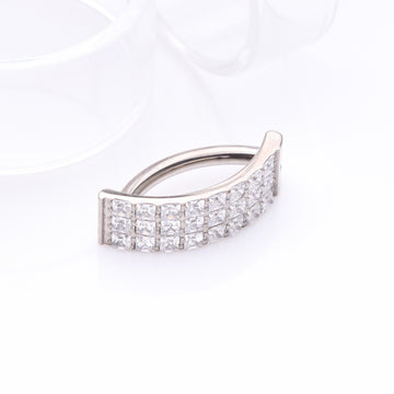 Detail View 1 of Implant Grade Titanium Square Triple Gem Lined Curved Bar Belly Clicker-Clear Gem